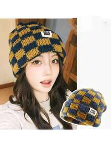 暖色调拼接格纹针织帽，男女通用，修饰脸型，女士保暖护耳帽，秋冬季