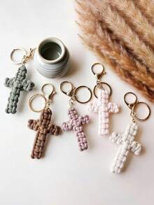 1Pc Handmade Macrame Cross Keychain Bohemian Christian Jesus Key Ring Bag Charm Car Accessory For Women Men Couple Holiday Birthday Gift - 彩色 - 查看 3