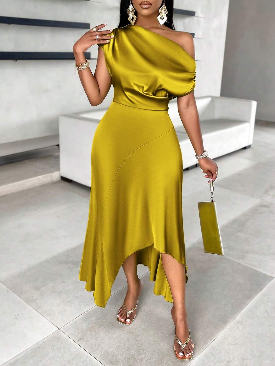 AIJ Amarilo 女士纯色优雅缎面单肩不对称下摆中长连衣裙 – 适合婚礼宾客、情人节和夏季活动 - 薑色 - 查看 1