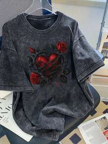 Áo thun nữ mùa hè bằng cotton đã giặt, in họa tiết ngộ nghĩnh phong cách đường phố, với họa tiết "Gai và hoa hồng đỏ, gai quấn vào trái tim", thời trang nữ retro Hàn Quốc thoải mái, đa năng phong cách Y2K, áo thun dáng rộng phong cách đường phố cá tính phong cách punk Y2K, áo thun ngắn tay nữ có thể giặt, màu đen thường ngày - màu đen - Xem 4
