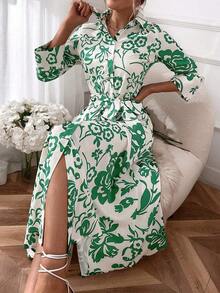 Botanical Print Belted Shirt Dress - 彩色 - 查看 4