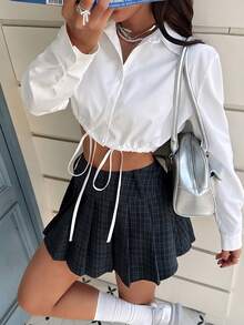 EARO Casual White Shirt, Summer Loose Drawstring Short Collared Cardigan, Versatile Outerwear - White - View 3