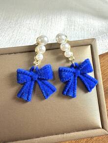 一对仿珍珠蝴蝶结耳环，甜美温柔的时尚优雅耳环，适合女性日常和节日佩戴。 - 藍色 - 查看 2