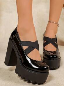 新款女士厚底交叉绑带鞋，朋克风时尚，适合派对、宴会、日常通勤等场合，百搭 - 黑色 - 查看 3