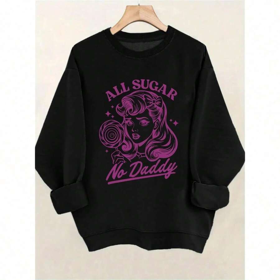 Women's Casual Long-Sleeve Graphic Sweatshirt - "ALLSUGAR NO DADDY" Retro Design, Mustard Yellow, Round Neck, Machine Washable Polyester, Plus Size Sportswear For Fall/Winter, Cute Sweatshirts - 黑色 - 查看 1