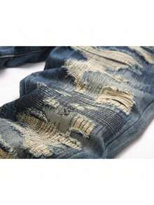 Vaqueros de mezclilla desgastados de pierna recta para hombres - Azul lavado medio - Ver 5