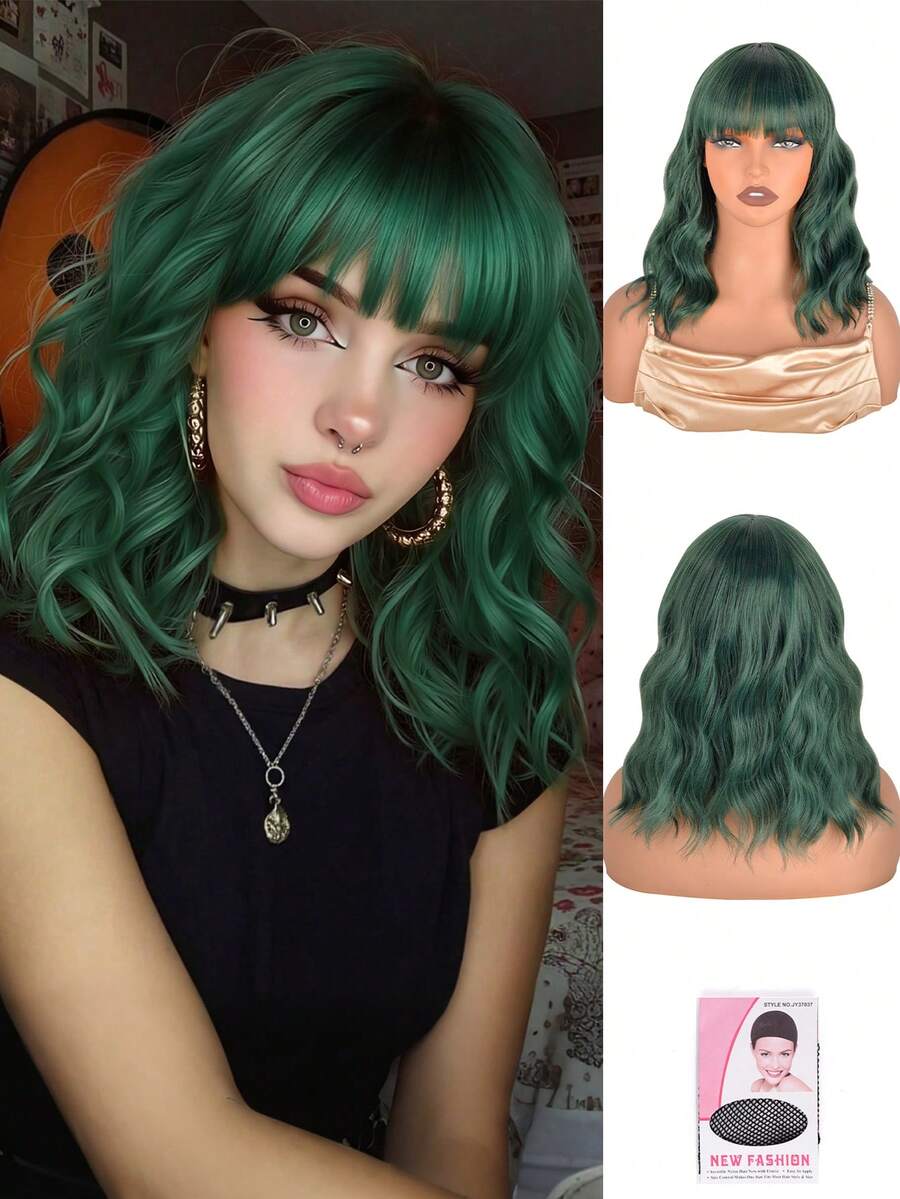 Heat Resistant 14 Inch Synthetic Soft Curly Wavy Wig With Bangs For Girls Women Black And White Shoulder Length High Quality Short Wavy Curly Bob Wig Full Bang Wig Cosplay Party Use Holiday Spring Valentine's Day Available Day Green Wig St. Patrick's - 墨綠色 - 查看 1