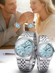 POEDAGAR 2pcs Fashionable Stainless Steel Waterproof Luminous Couples Watches, Luxury Casual Dual Calendar Quartz Watch For Men And Women, Elegant Couple Watch Set - Blue - View 11