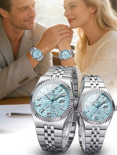 POEDAGAR 2pcs Casual Stainless Steel Waterproof Luminous Couple Watches , Luxury Dual Date Quartz Watch For Men And Women, Luxury Wriatwatch For Him And Her, Valentine's Day Gifts