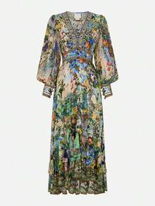 Women's Vintage Floral Print Maxi Dress - Long Sleeve Boho Elegant Cocktail Wedding Guest Dress - 綠色 - 查看 3