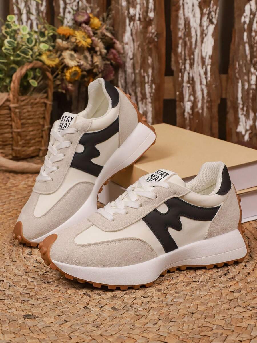 Women's Round Toe Lace-Up Thick Sole Student Casual Comfortable Platform Sneakers - White - View 1