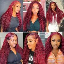 30Inch 200% Density Deep Curly Full Lace Frontal Wig HD Transparent 13x4 HD Lace Frontal #99J Burgundy Red Fashionable Color Human Blended Hair With Fiber Wigs Pre Plucked Deep Wave Curly With Fiber Lace Frontal Wigs For Women - SBUG - View 9