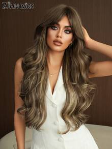7JHH WIGS Linen Brown Mix Blonde Highlights Wig Long Loose Wavy Wig Middle Part With Curtain Bangs Natural Looking Synthetic Heat Resistant Fiber Hair Wigs For Women Daily Party Rave Use 26 Inch - Linen Brown - View 6