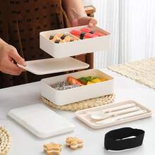 1 Set Dual-Layer Bento Box With Utensils, Meal Prep Container, Lunch Box Set, Adult Bento Box, Japanese Bento Box, Bamboo Lid Lunch Box, Snack Container, Reusable, Travel Essential, Suitable For Back To School, Work, Outdoor, Camping - Multicolor - View 5