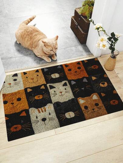 1件装可爱猫咪印花门垫/浴室垫，卡通风格，涤纶材质，防滑底，可机洗，经久耐用，适用于室内入口、厨房、户外，也可作地毯、客厅、卧室、浴室、房间装饰、办公室装饰等。