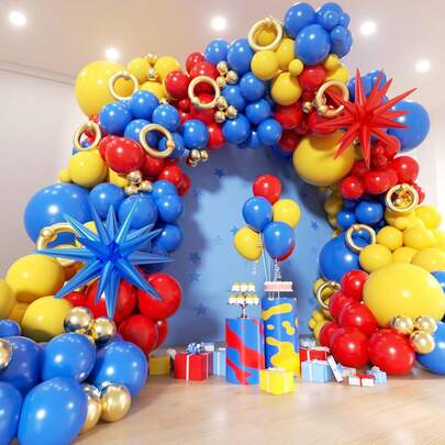 123pcs Cartoon Hedgehog-Themed Balloon Arch Set, Includes Exploding Star Foil Balloons, As Well As Blue, Red, Yellow, Gold, And Long Strip Latex Balloons. Perfect For Birthday Parties, Game Decorations, Outdoor Decorations, And Anime Hedgehog-Themed Party Decorations.