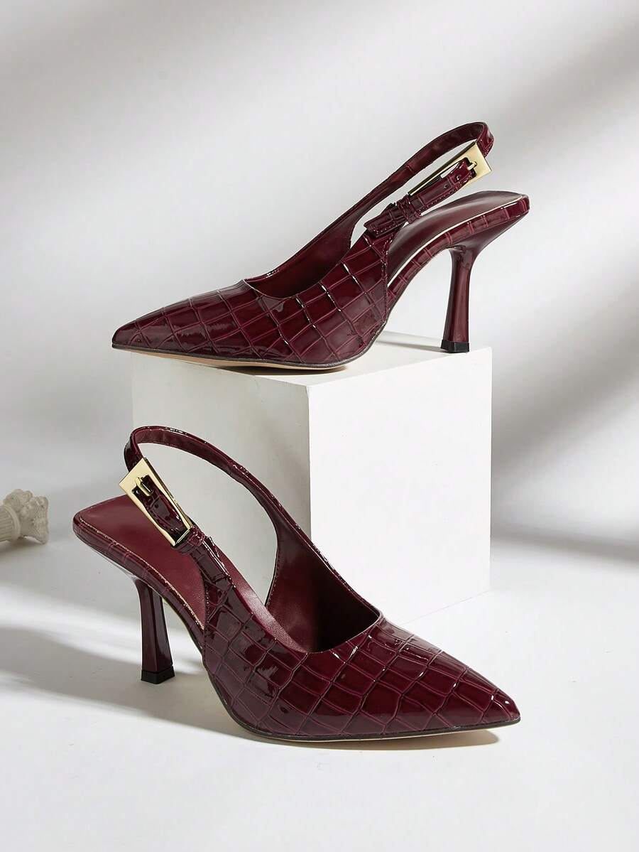 Tacones de aguja de mujer con hebilla de metal con textura de piedra burdeos, adecuados para uso diario, banquetes, fiestas y moda versátil. El patrón de textura de piedra es aleatorio. - Burdeos - Ver 1