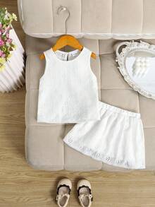 Summer Baby Girl Fashionable Casual Outdoor Vacation Minimalist Matching White Jacquard Hollow Lace Back Irregular Round Neck Sleeveless Top And Mini Skirt 2-Piece Set - White - View 2
