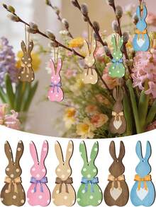 12个木制复活节兔子装饰品 - 带挂绳的摆件，适合用作复活节篮子填充物、春季派对装饰、木制兔子装饰品，也可用于手工制作和派对装饰 - 彩色 - 查看 2