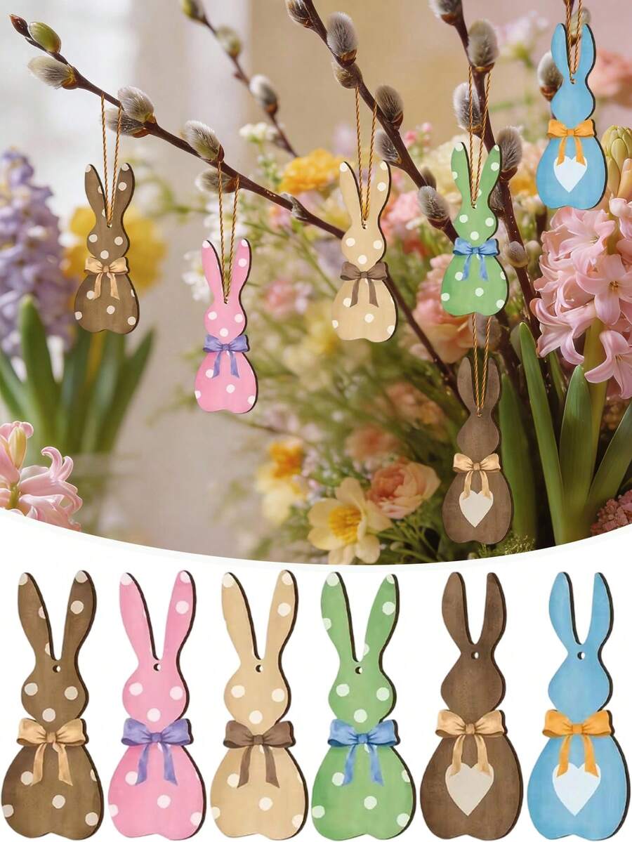 12个木制复活节兔子装饰品 - 带挂绳的摆件，适合用作复活节篮子填充物、春季派对装饰、木制兔子装饰品，也可用于手工制作和派对装饰 - 彩色 - 查看 1