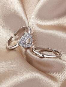 2pcs/Set Adjustable Unique Heart-Shaped Lock Ring For Women - Silver - View 2