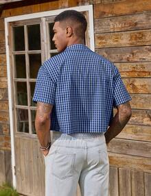 URRU Men's Gingham Cropped Shirt Plaid Shirts Short Sleeve Button Down Shirts Crop Tee Tops - 藍色 - 查看 4
