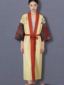 Maneki-Neko Anime Print Waist Tie Kimono Cover Up, 3/4 Sleeve Thin Jacket, Unisex, Beach Travel Casual Coverup, Haori Robe, Lightweight Cloak, Bathrobe - Yellow - View 9