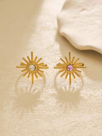 1 pieza Anillo ajustable de acero inoxidable con baño de oro, con zirconia en forma de estrella y sol de color púrpura, adecuado para niñas, puede usarse como accesorio diario, decoración de fiesta o regalo de cumpleaños.