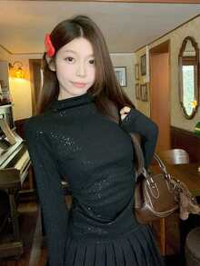 修身高领罗纹针织上衣，优雅设计 - 黑色 - 查看 4