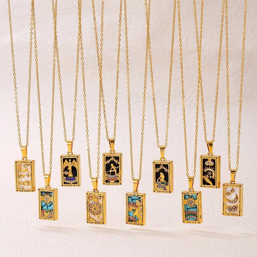 Mesh Red Style Vintage Stainless Steel Necklace Colorfast Rectangular Dripping Tarot Pendant Clavicle Chain Women - ZJ13947 - 查看 1