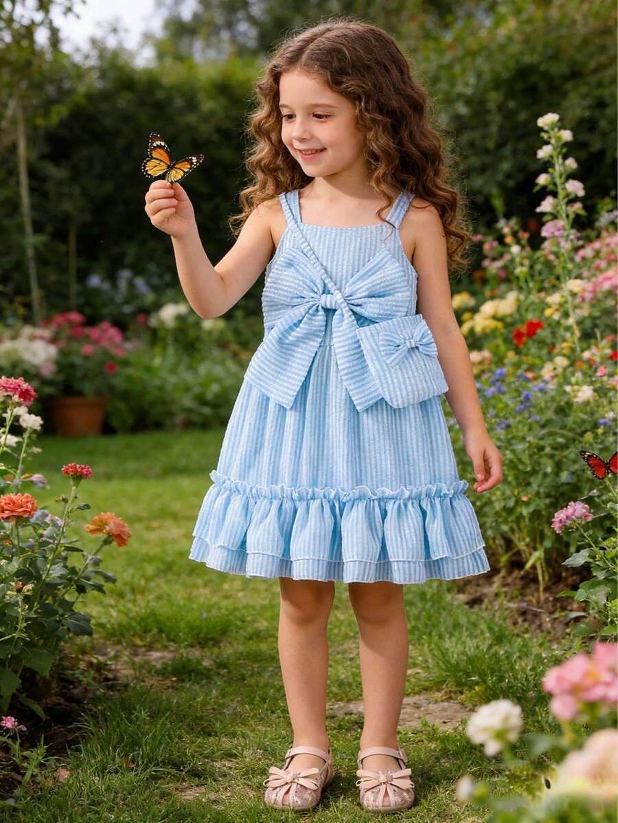 Conjunto de vestido de tirantes a rayas azul y blanco para niña, con gran lazo decorativo y bolso a juego, con volantes, fresco y dulce - Azul - Ver 1
