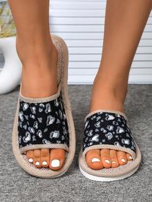 Women's Classic Leopard Print Beach Slippers, Indoor Linen Slippers With Non-Slip Thick Soles, Suitable For Summer Home Use - Black - View 2