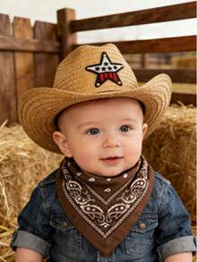 Nouveau set de chapeau et écharpe pour bébé thème western - Chapeau + bandana imprimé, tenue de bébé style western, convient pour séance photo de style INS, célébration des 100 jours, port quotidien, accessoires photo pour nouveau-né - Multicolore - Voir 3