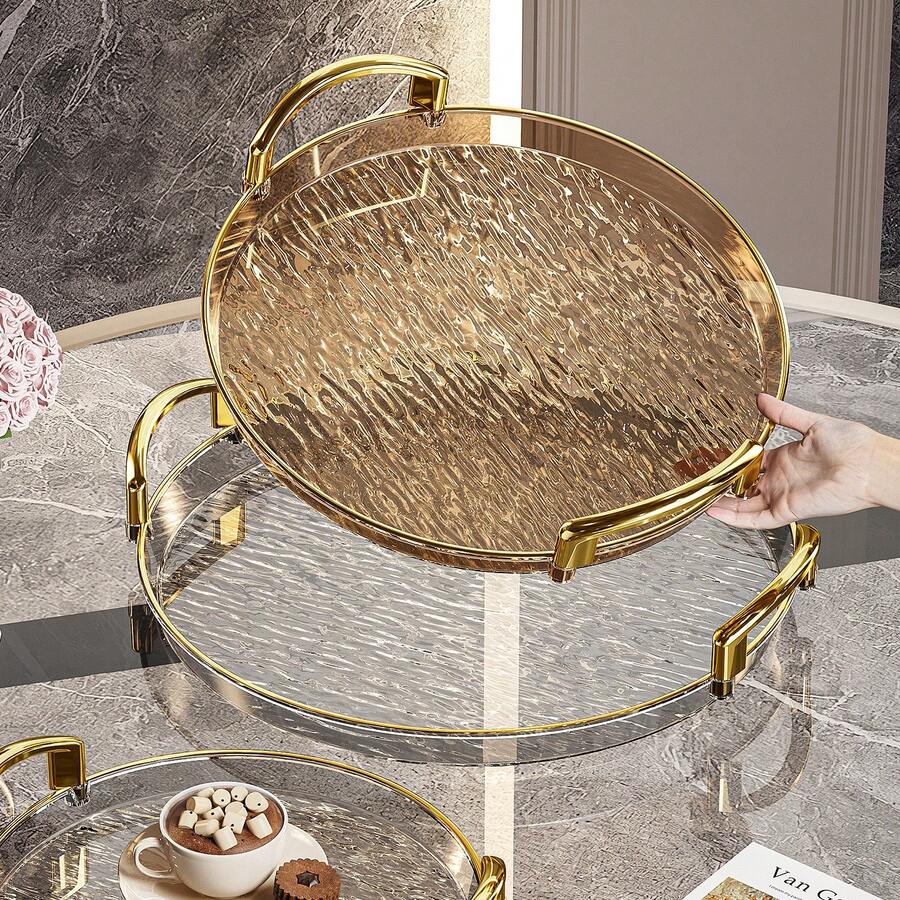 Round Thick Transparent PET Tray, Dual-Handled Clear Glacier Pattern Tray For Dining, Tea Table Cup Holder, Plastic Storage Plate With Gold Rim And Handle - Transparent Gold - View 1