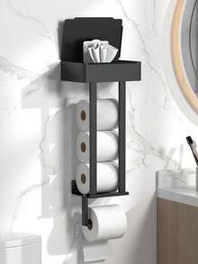 1pc Elegant Black Toilet Paper Holder, Wall-Mounted Installation Without Drilling, Fashionable Space-Saving Design, Multifunctional Bathroom Accessory, Suitable For Modern Home Bathrooms As Towel Rack - 黑色 - 查看 1