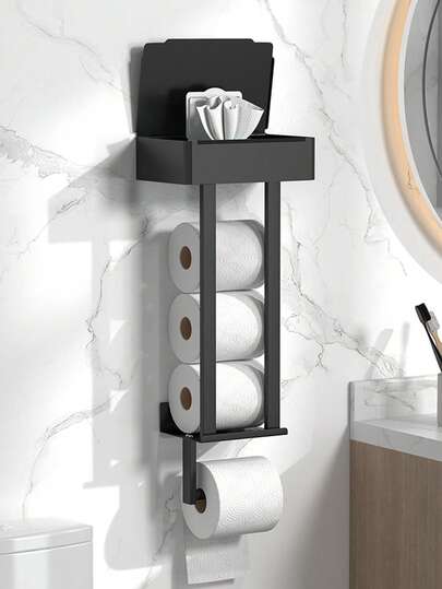 1pc Elegant Black Toilet Paper Holder, Wall-Mounted Installation Without Drilling, Fashionable Space-Saving Design, Multifunctional Bathroom Accessory, Suitable For Modern Home Bathrooms As Towel Rack