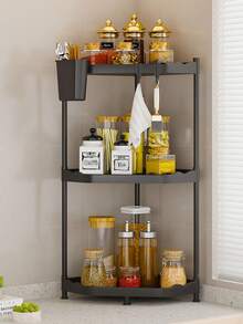 1个黑色转角台面收纳架，2层/3层三角形置物架，台面整理架，多功能转角架，适用于厨房调料、浴室淋浴房，镂空设计