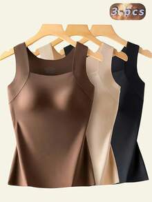 3pcs Women's Seamless Tank Top With Built-In Bra - Spring & Summer Slim-Fit Lifting, Skin-Friendly Base Layer, Sleeveless Wide Straps, Solid Black/Apricot/Brown, Smooth Washable Fabric, All-Season & Spring-Summer Daily Layering - 黑色+棕色+米白色 - 查看 15
