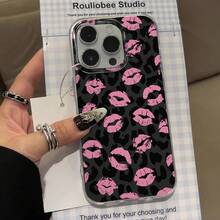 1pc Black And Gray Leopard Print Pink Lip Mark Hard Soft Shiny Luxurious Phone Suitable 16 15 14 13 12 11 Pro 14 15 16E Plus XS XR X 8 SE 2020, Phone, Phone Women, Gal Smartphone Glitter, Phone Cases Soft Silicone Vibe, Hardcore Drop Defense. - 1pc - 查看 2