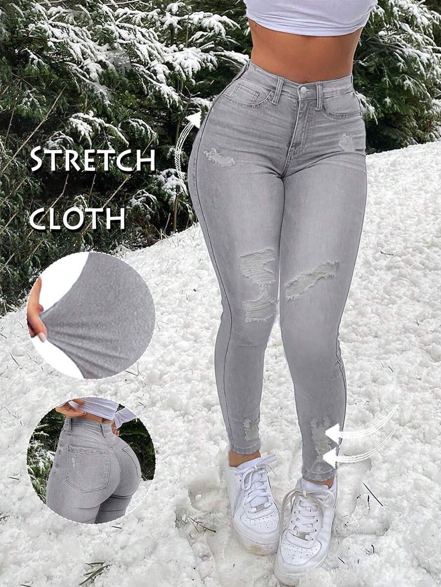 GILIPUR Blugi skinny cu talie înaltă pentru femei, stil Y2K, stil streetwear european și american, gri deschis, croială slim fit, elegantă și la modă, casual, primăvară