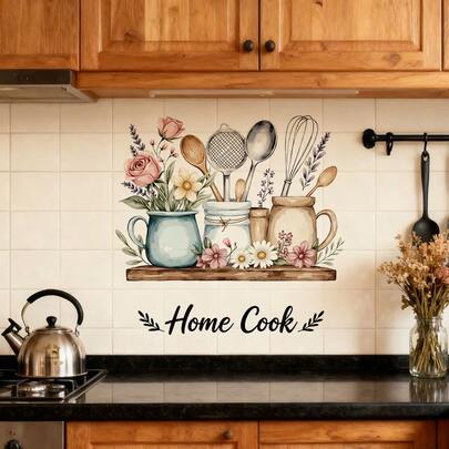 1PC כלי מטבח קיר מדבקות קליפה והדבקה ויניל מטבח טבח מדבקות ציורי קיר חלוצים אישה בישול נושא פרחוני דקור עם פרחים וגאדג'טים למטבח אוכל מסעדה אפייה חדר קיר דקור