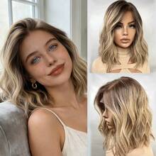 自然网状假发 13x4 蕾丝前假发 合成假发 棕色带灰金色挑染 角色扮演派对日常佩戴 柔软耐热 短款波波头 棕色蜂蜜金渐变蕾丝假发 透明小号/大号帽 - 彩色 - 查看 15