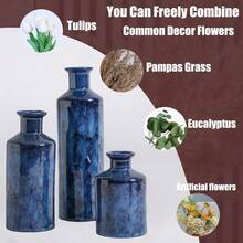 Blue Ceramic Vases - 3 Small Blue Vases With A Rustic, Country Style, Perfect For Home Decor. Suitable For Living Rooms, Tabletops, Entryways, Etc. Also Suitable For Offices, Living Rooms, Dining Rooms, Bedrooms, Bathrooms, Etc. Home Decor Vases, Flower Vases, Holiday Decoration Vases. - Blue - View 3