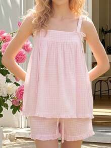 Women's Plaid Shorts Outfit Loose Fit Stylish Bows Ruffled Trim Spaghetti Strap Tops And Shorts 2 Pcs Set - Pink - View 2