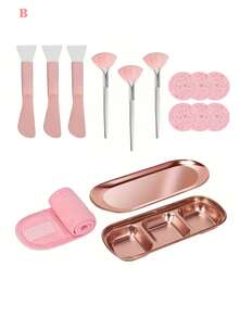 4-24件套美容面膜工具套装，包含不锈钢搅拌碗、托盘、玫瑰金分隔托盘，以及面膜混合和涂抹工具。套装包含3个玫瑰金搅拌碗、1个玫瑰金小托盘、1个分隔托盘、3个硅胶双头搅拌铲、3个扇形面膜刷、9个压缩洁面海绵和3个可调节发圈。适合派对、睡衣派对、SPA、送礼等场合。 - 彩色 - 查看 19