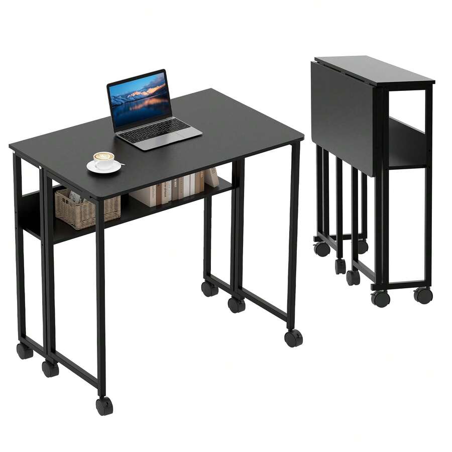 Huisuilinss Folding Desk,Small Rolling Desk With Wheels,Foldable Computer Desk With Storage Shelf,Laptop Cart Table,Sofa Table,Portable Home Office Desk For Small Space Study Writing,Easy To Fold - negro - Ver 1