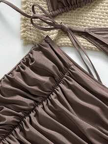 Women's Solid Color Shiny Halter Backless Tie-Back Beaded Bikini Set With Matching Shiny Pleated Mini Skirt, 3-Piece High-End Swimsuit Set For Beach, Resort, Spa, Spring/Summer/Autumn - Brown - View 6