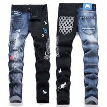 Jeans Slim Fit Elásticos Trendy para Hombres - Estilo High Street, Rasgados y Estampado Digital, Skinny Fit, Duraderos y Casuales - Azul - Ver 5