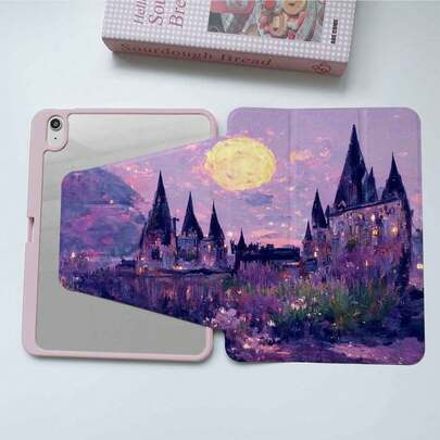1pc Purple Painting Castle Element Pattern 360° Rotating Tri-Fold Flat Protective Case With Pencil Slot, Suitable For Students And Office Workers, Compatible With IPad 10.2 8/IPad Air 11/IPad Pro 13/IPad Pro 12.9/IPad 9.7/IPad Mini 6/7, MatePad 11.5"/10.4"/SE 11", Honor Pad V8 Pro 12.1"/8 12", Honor Pad X8, Pad 5/Pad 6S Pro/Pad 7/6