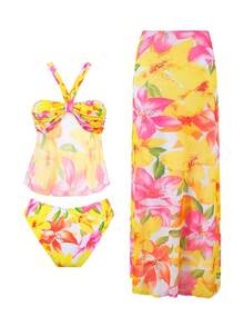 2026 New Arrival Sexy Long Floral Print 3 PiecesSwimsuit Set, European & American Style Vacation - Multicolor - View 3